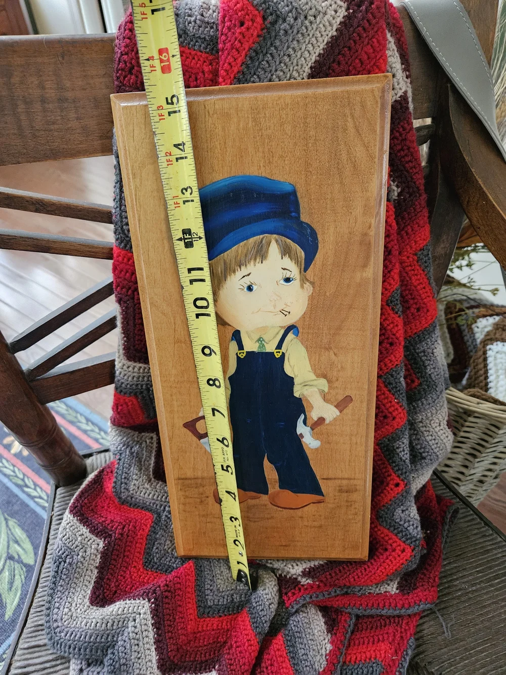 Hand-Painted Boy Wood Plaque in Blue and Brown